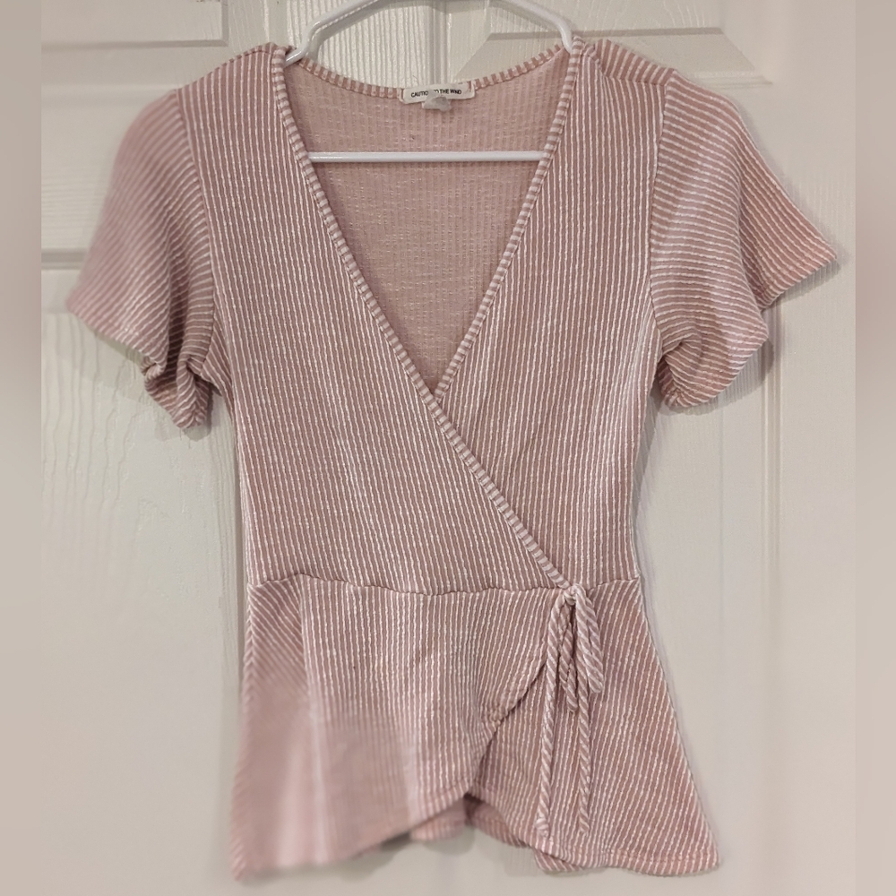 Pink & White Stripe Faux Wrap V-Neck Flutter Sleeve Blouse - Size Small
